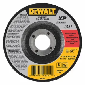 DEWALT DWA8957F Abrasive Cut-Off Wheel, 4 1/2 Inch Abrasive Wheel Dia, Ceramic, Type 27 | CP3NPZ 49ZZ85