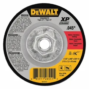 DEWALT DWA8957H Abrasive Cut-Off Wheel, 4 1/2 Inch Abrasive Wheel Dia, Ceramic, Type 27, 0.045 Inch Thick | CP3NQA 416L04