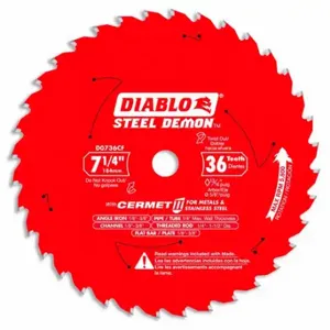 DIABLO D0736CF Cermet Tipped Saw Blade, 7 1/4 Inch Blade Dia, 36 Teeth, 0.075 Inch Cut Width | CP3RMQ 379VM8