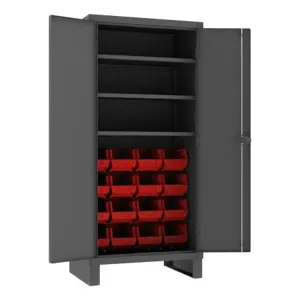 DURHAM MANUFACTURING 3702-16-3S-1795 Cabinet, 3 Shelf, 16 Red Bin, 14 Gauge, Size 36 x 24 x 78 Inch | CF6JPT