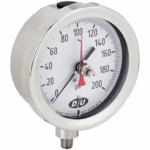 DURO 42070713-MAXHAND Industrial Pressure Gauge, With Red Max Hand, 0 to 200 psi, 4 1/2 Inch Size Dial | CP3XYV 442Y22