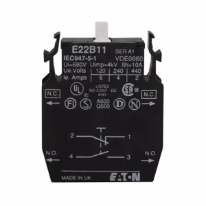 EATON E22B11 E22 Pushbutton Contact Block, 22.5 Mm, Non-Metallic Heavy-Duty, 1No | BJ2QCX