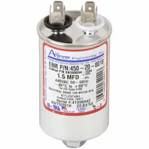 EBM-PAPST 450-20-0018 Motor Run Capacitor, Round, 440V Ac, 1.5 Mfd, 3 1/2 Inch Overall Ht | CP4BEX 5AGK1