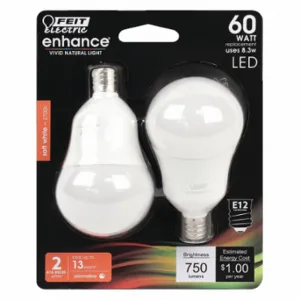 FEIT ELECTRIC LED BPA1560C/927CA/2 Bulb, A15, Candelabra Screw, 60W INC, 8.3 W Watts, LED, 2 Pack | CP4ZBL 56JH30