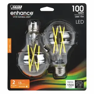 FEIT ELECTRIC LED BPA19100CL927CAFI2RP Bulb, A21, Medium Screw, 100W INC, 15 W Watts, LED, 2 Pack | CP4ZCA 56JH32