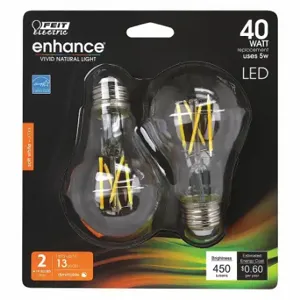 FEIT ELECTRIC LED BPA1940CL927CAFIL2RP Bulb, A19, Medium Screw, Medium Screw, 40W INC, 2700K, 5 W Watts, LED, 2 Pack | CP4ZBZ 56JH33