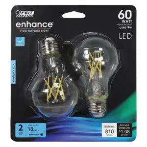 FEIT ELECTRIC LED BPA1960CL950CAFIL2RP Bulb, A19, Medium Screw, 2 Pack | CP4ZBY 56JH35