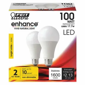 FEIT ELECTRIC LED OM100/930CA10K/2 Bulb, A21, Medium Screw, 100W INC, 17.7 W Watts, LED, 2 Pack | CP4ZCB 56JH59