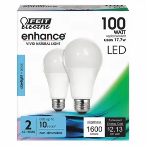 FEIT ELECTRIC LED OM100/950CA10K/2 Bulb, A21, Medium Screw, 100W INC, 17.7 W Watts, LED, Medium Screw, 2 Pack | CP4ZCC 56JH60