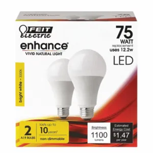 FEIT ELECTRIC LED OM75/930CA10K/2 Bulb, A19, Medium Screw, 75W INC, 12.2 W Watts, LED, Medium Screw, 2 Pack | CP4ZBX 56JH71