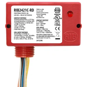 FUNCTIONAL DEVICES INC / RIB RIB2421C-RD Enclosed Pre-Wired Relay, With 120 - 277 VAC Coil, SPDT, Red Housing, 10 A | CE4UZM