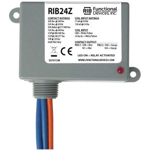 FUNCTIONAL DEVICES INC / RIB RIB24Z Enclosed Pre-Wired Relay, With 24 VAC Coil, SPST-NC, 30 A | CE4UZY