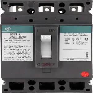 GENERAL ELECTRIC TED136YT150 Molded Case Circuit Breaker, 14kAIC@480V, 150A, 3 Pole | CE6KED