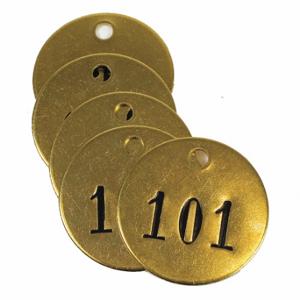 GRAINGER 40027 Numbered Tag, Brass, 101-125, Yellow, 0.04 Inch Thick, Round, 25 PK | CQ3ACG 456Y40