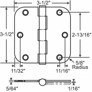 GRAINGER 56-262SCH Butt Hinge, 3 Holes per Leaf, 3 1/2 Inch Door Leaf Height, 3 1/2 Inch Door Leaf Width | CP9CMH 451K14