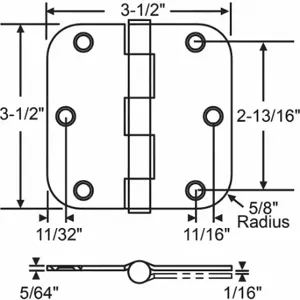 GRAINGER 56-262SNK Butt Hinge, 3 Holes per Leaf, 3 1/2 Inch Door Leaf Height, 1 1/2 Inch Door Leaf Width | CP9CMB 448R89