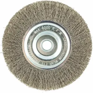 GRAINGER 66252838604 Wire Wheel Brush, 6 Inch Brush Dia, 5/8 Inch Arbor Hole, 0.012 Inch Wire Dia | CQ7YZH 443N03