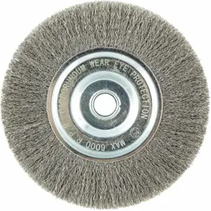 GRAINGER 66252838764 Wire Wheel Brush, 6 Inch Brush Dia, 5/8 Inch Arbor Hole, 0.009 Inch Wire Dia | CQ7YZF 443M93