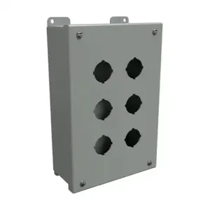 HAMMOND 1435H Pushbutton Enclosure, 6 Holes, 30mm, 10 x 7 x 3 Inch Size, Wall Mount, Carbon Steel | CV7JMZ