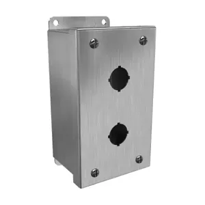 HAMMOND 1435MSSB Pushbutton Enclosure, 2 Holes, 22mm, 6 x 4 x 3 Inch Size, Wall Mount, 304 Stainless Steel | CV7JNV