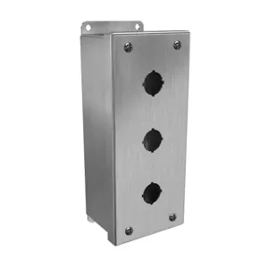 HAMMOND 1435MSSC Pushbutton Enclosure, 3 Holes, 22mm, 8 x 4 x 3 Inch Size, Wall Mount, 304 Stainless Steel | CV7JNW