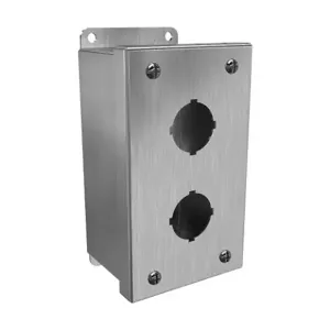 HAMMOND 1435SSB Pushbutton Enclosure, 2 Holes, 30mm, 6 x 4 x 3 Inch Size, Wall Mount, 304 Stainless Steel | CV7JPM