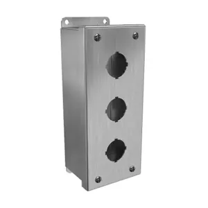 HAMMOND 1435SSC Pushbutton Enclosure, 3 Holes, 30mm, 8 x 4 x 3 Inch Size, Wall Mount, 304 Stainless Steel | CV7JPN