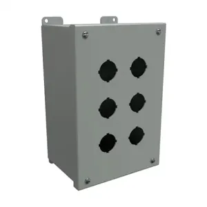 HAMMOND 1437H Pushbutton Enclosure, 6 Holes, 30mm, 10 x 7 x 5 Inch Size, Wall Mount, Carbon Steel | CV7JPZ