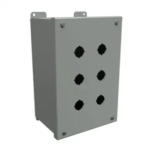 HAMMOND 1437MH Pushbutton Enclosure, 6 Holes, 22mm, 10 x 7 x 5 Inch Size, Wall Mount, Carbon Steel | CV7JQG