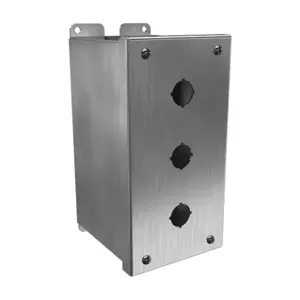 HAMMOND 1437MSSC Pushbutton Enclosure, 3 Holes, 22mm, 8 x 4 x 5 Inch Size, Wall Mount, 304 Stainless Steel | CV7JQT