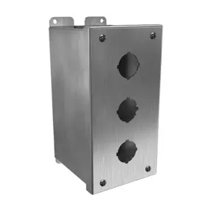 HAMMOND 1437SSC Pushbutton Enclosure, 3 Holes, 30mm, 8 x 4 x 5 Inch Size, Wall Mount, 304 Stainless Steel | CV7JRG