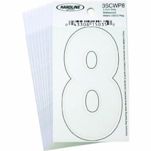 HARDLINE PRODUCTS 3SCWP8 Zahlenaufkleber, 3 Zoll Zeichenhöhe, weiß, Vinyl, gestanzt, 10 Stück | CR3PUW 65RL26