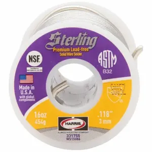 HARRIS INDUSTRIES 331755 Solder Wire, 3 mm X 1 Lb, Sterling, 91% Tin, 4-5% Copper, 1% Others | CR3RAG 1UYK9