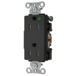 HUBBELL WIRING DEVICE-KELLEMS 2172BKLTRA Decorator Duplex Receptacle, Led Indicator, 15A, 125V, 2-Pole, Black | BD4LQB