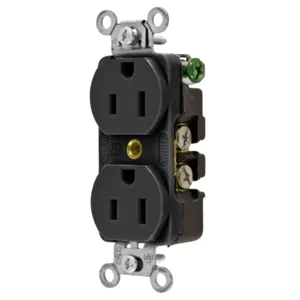 HUBBELL WIRING DEVICE-KELLEMS 5252BK Straight Receptacle, Duplex, 15A 125V, Black | CE6QPK