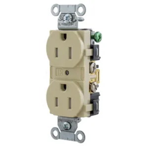 HUBBELL WIRING DEVICE-KELLEMS 5252ITR Straight Receptacle, Duplex, 15A 125V, Ivory | CE6QPR