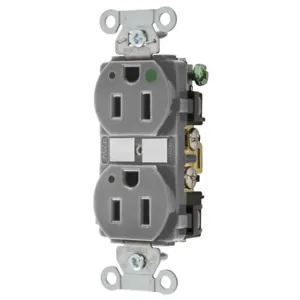 HUBBELL WIRING DEVICE-KELLEMS 8200GYL Duplex Receptacle, Led Indicator, 2-Pole, 3-Wire Grounding, 15A, 125V, Gray | BD3YKM