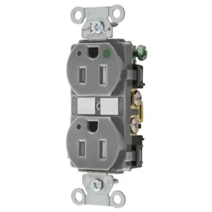 HUBBELL WIRING DEVICE-KELLEMS 8200GYLTRA Duplex Receptacle, Led Indicator, 2-Pole, 3-Wire Grounding, 15A, 125V, Gray | BD4HNZ