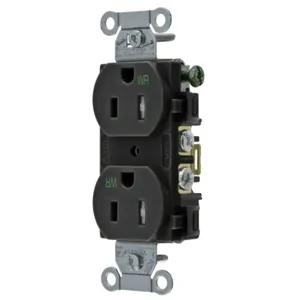 HUBBELL WIRING DEVICE-KELLEMS BR15BLKWRTR Straight Receptacle, Duplex, 15A 125V, Black | AC2AKQ 2HEC4