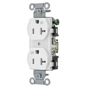 HUBBELL WIRING DEVICE-KELLEMS BR20WHIWR Straight Receptacle, Duplex, 20A 125V, White, 1 Pk | AC2AKP 2HEC2