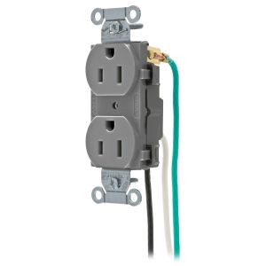 HUBBELL WIRING DEVICE-KELLEMS CR15GRYP1 Straight Receptacle, Duplex, 15A 125V, Gray, 1 Pk, 8 Inch Solid Lead | BD2XGU