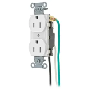 HUBBELL WIRING DEVICE-KELLEMS CR15WHIP2 Straight Receptacle, Duplex, 15A 125V, White, 1 Pk, 8 Inch Stranded Lead | BD4NQK