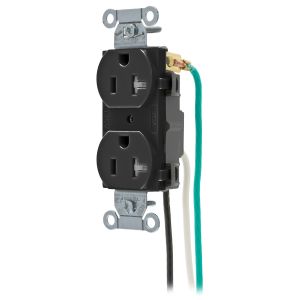 HUBBELL WIRING DEVICE-KELLEMS CR20BLKTRP1 Straight Receptacle, Duplex, 20A 125V, Black, 1 Pk, 8 Inch Solid Lead | BD3MLM