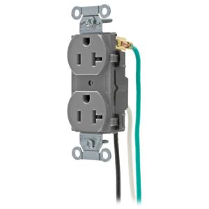 HUBBELL WIRING DEVICE-KELLEMS CR20GRYP2 Straight Receptacle, Duplex, 20A 125V, Gray, 1 Pk, 8 Inch Stranded Lead | BC8GCK