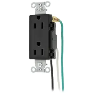 HUBBELL WIRING DEVICE-KELLEMS DR15BLKP2 Straight Receptacle, Duplex, 15A 125V, Black, 8 Inch Stranded Lead, 1 Pk | BD2RVE