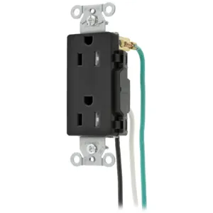 HUBBELL WIRING DEVICE-KELLEMS DR15BLKTRP2 Straight Receptacle, Duplex, 15A 125V, Black, Pre-Wired 8 Inch Stranded | BD4VKB