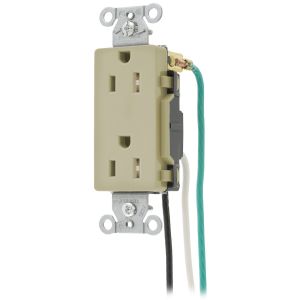 HUBBELL WIRING DEVICE-KELLEMS DR15ITRP1 Straight Receptacle, Duplex, 15A 125V, Ivory, 8 Inch Solid Lead | BD2GAH