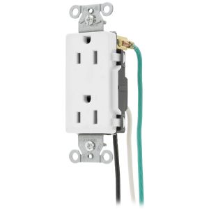 HUBBELL WIRING DEVICE-KELLEMS DR15WHIP1 Straight Receptacle, Duplex, 15A 125V, White, 8 Inch Solid Lead, 1 Pk | BD2MHF