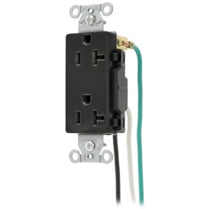 HUBBELL WIRING DEVICE-KELLEMS DR20BLKP1 Straight Receptacle, Duplex, 20A 125V, Black, 8 Inch Solid Lead, 1 Pk | BD2NMR