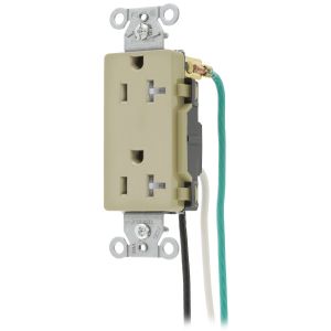 HUBBELL WIRING DEVICE-KELLEMS DR20ITRP2 Straight Receptacle, Duplex, 20A 125V, Ivory, 8 Inch Stranded Lead | BD2KEH